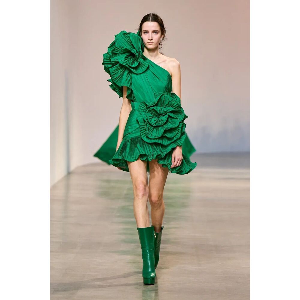 NWT ELIE SAAB WOMEN'S RUFFLED TAFFETA ASYMMETRIC MINI DRESS IN GREEN US 8 $3725